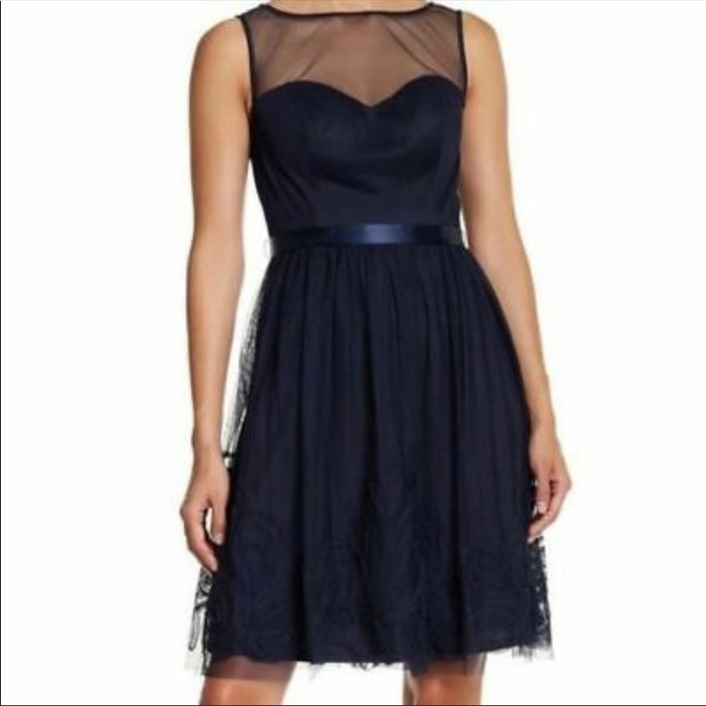 Eliza J. Navy Illusion Neckline Cocktail Dress Women's Medium Special Occasion
